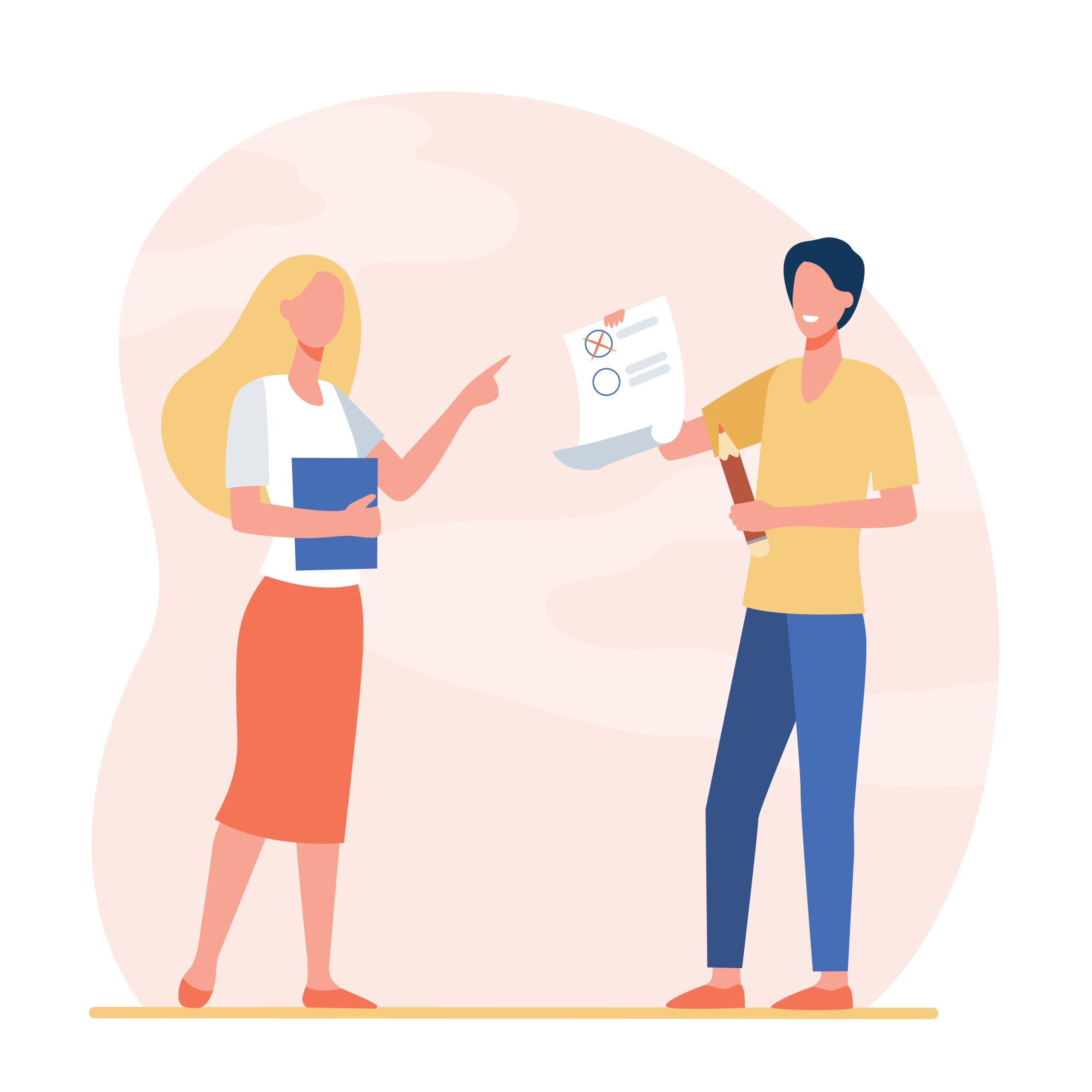 Student giving test to teacher. Intern, tutor, examinee. Flat vector illustration. Education, internship, training, knowledge checking concept for banner, website design or landing web page